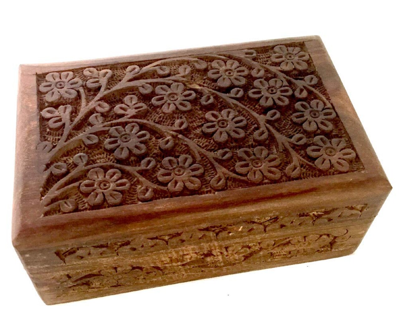 Floral Carved Handmade Wooden Box 4 inches by 6 inches~Ideal for storing Jewelry, Coins, Tartot cards, Small Treasures, URN Box & etc (Floral Carved 4"x6")